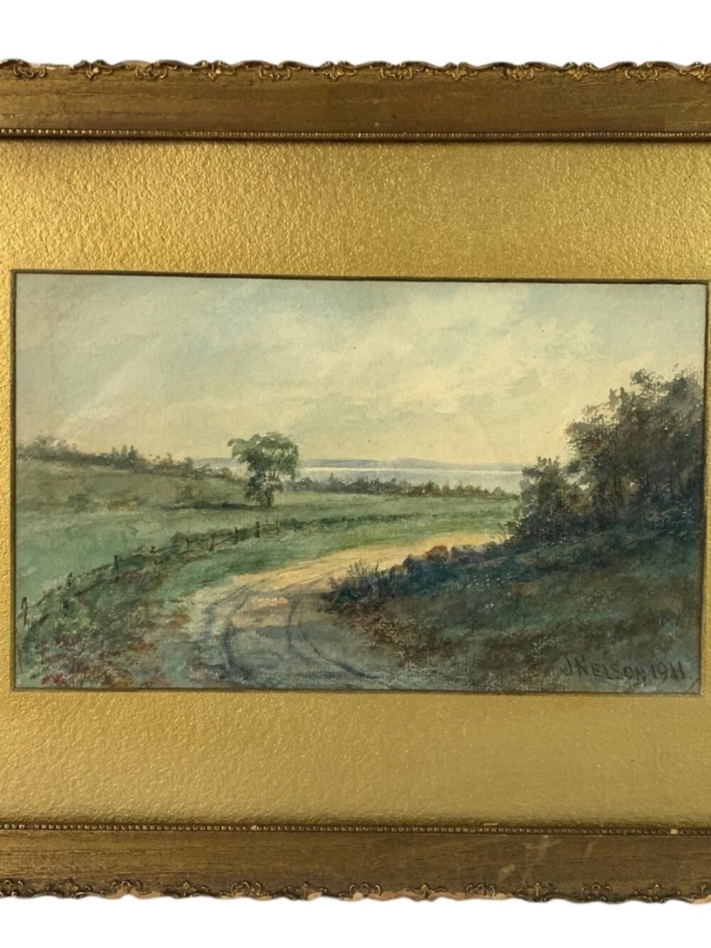 Antique Rural Landscape Watercolor Painting, Signed J. Nelson, 1911